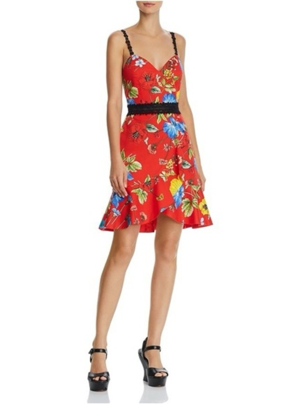 Alice + Olivia NWT Kirby Red Floral Lace Trimmed Fit+Flare Mini Dress MSRP $350
